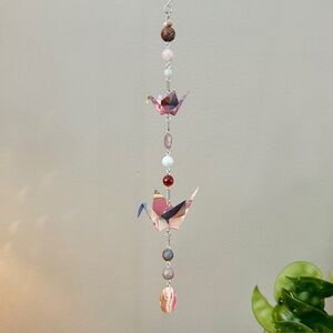 Origami Ornament #2422 - Double Mini/Small Crane with Stone Beads